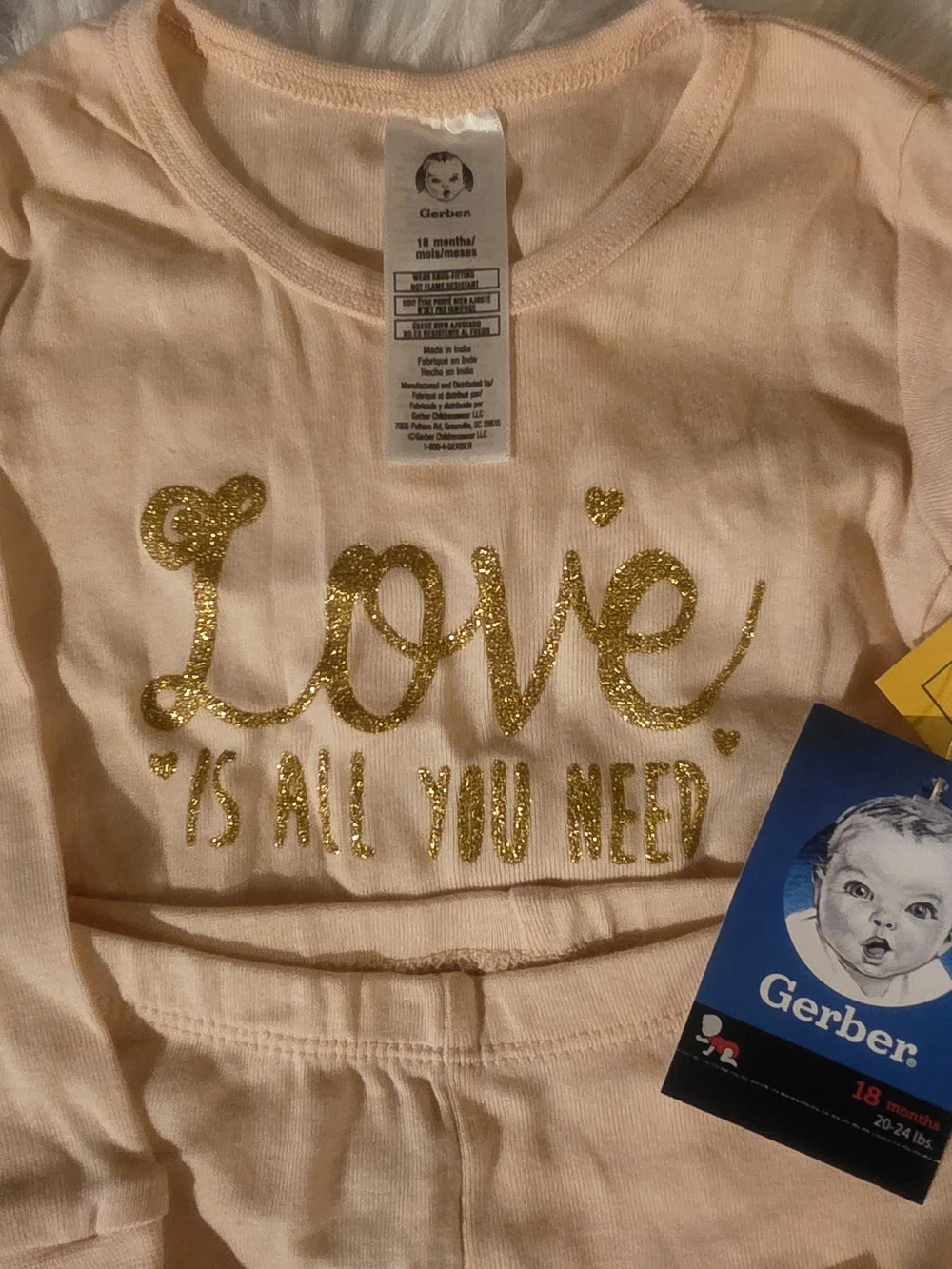Gerber Peach Pink Girls Two-Piece Pajama Set with Gold Glitter 'Love'